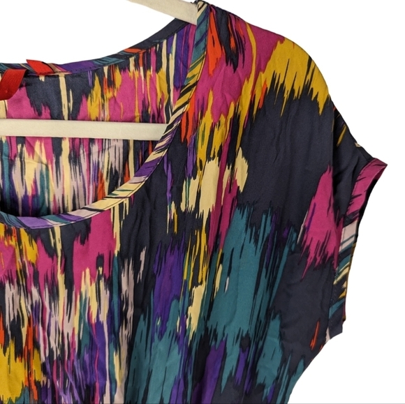 Women's SILK Cap Sleeve Multicolor Abstract Party Blouson Mini Dress Size M - Picture 6 of 15
